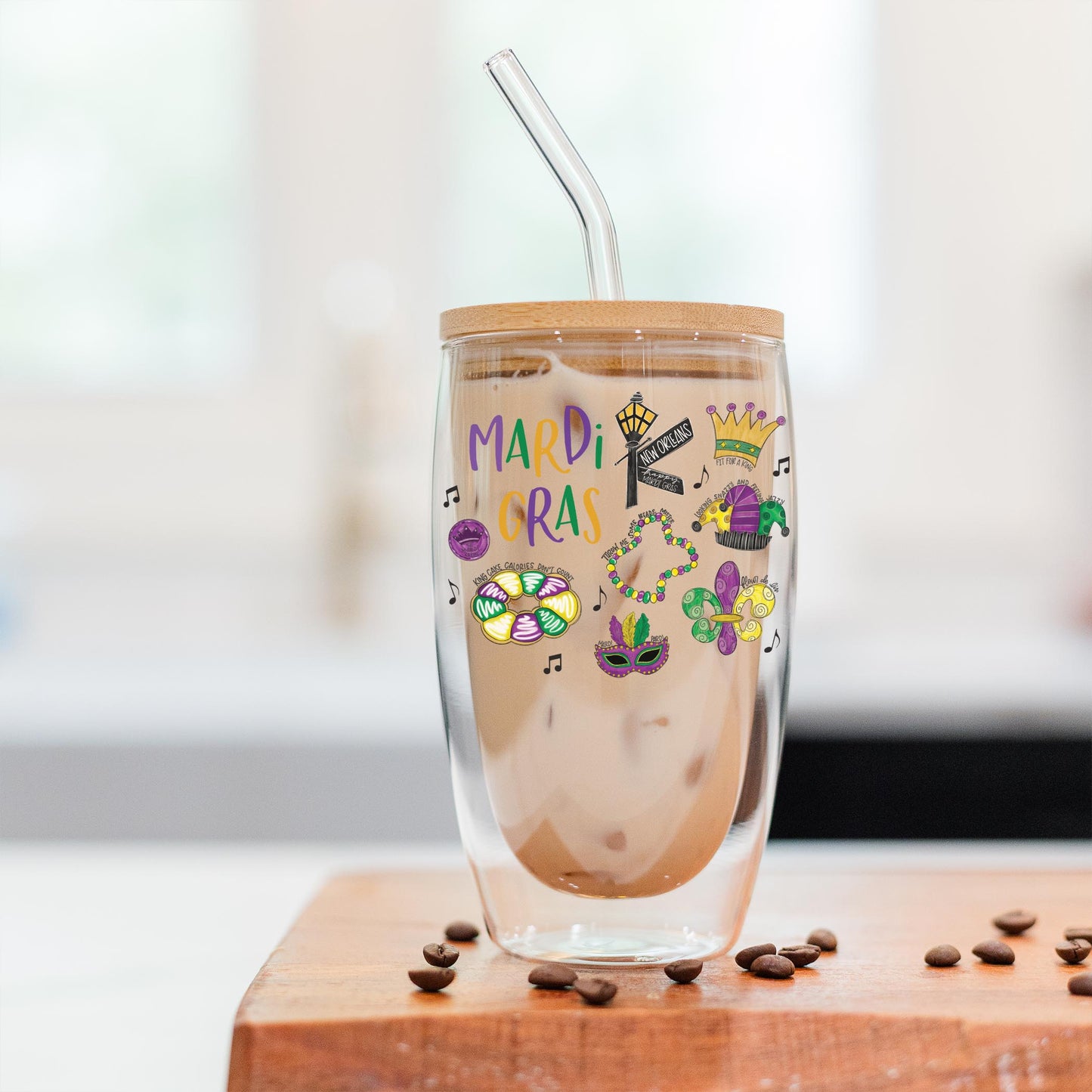 16oz Double Insulated Glass Tumbler-Mardi Gras Icons