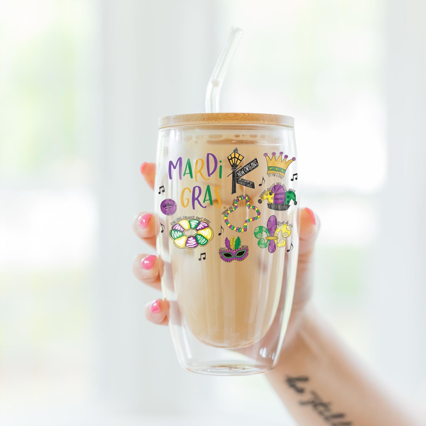 16oz Double Insulated Glass Tumbler-Mardi Gras Icons