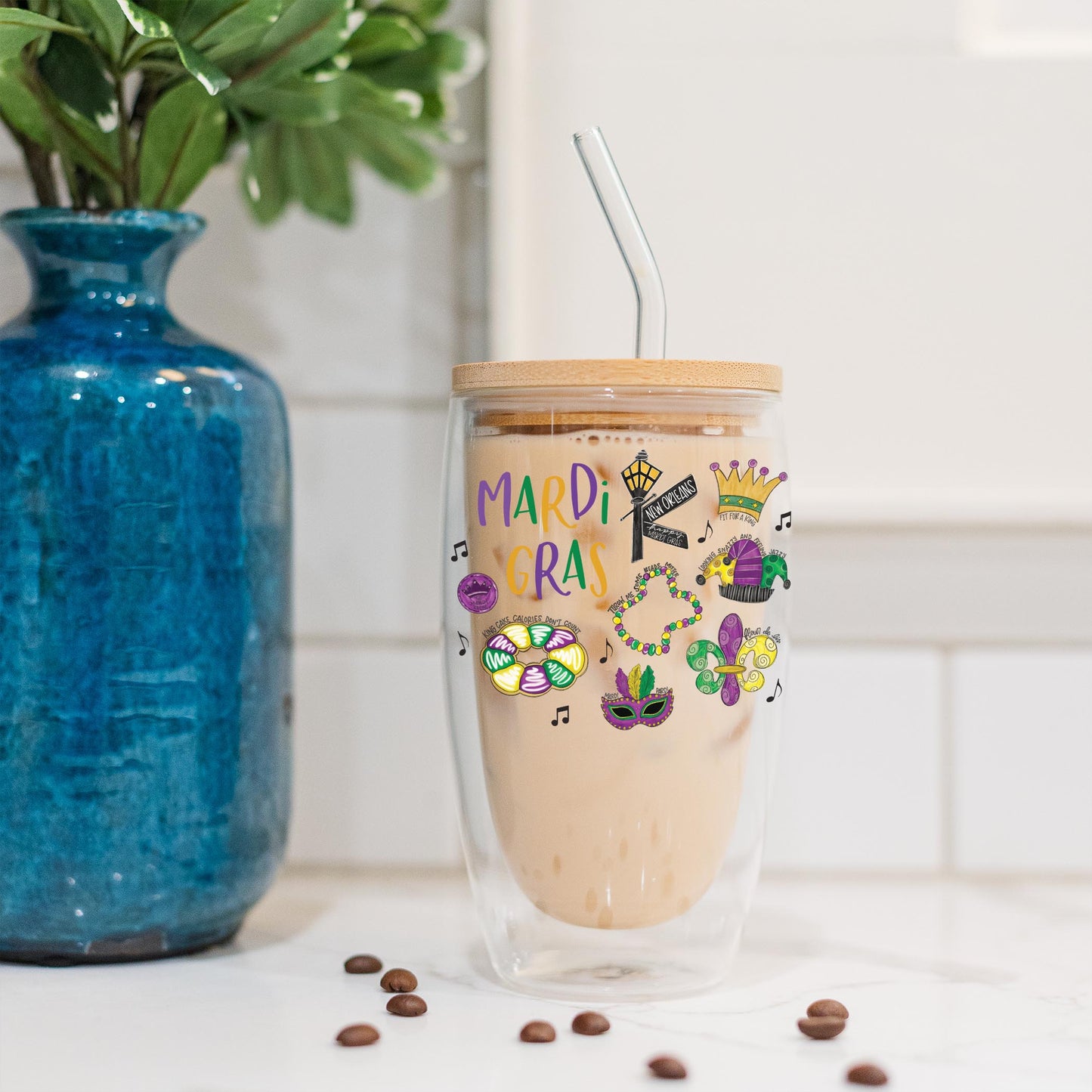 16oz Double Insulated Glass Tumbler-Mardi Gras Icons