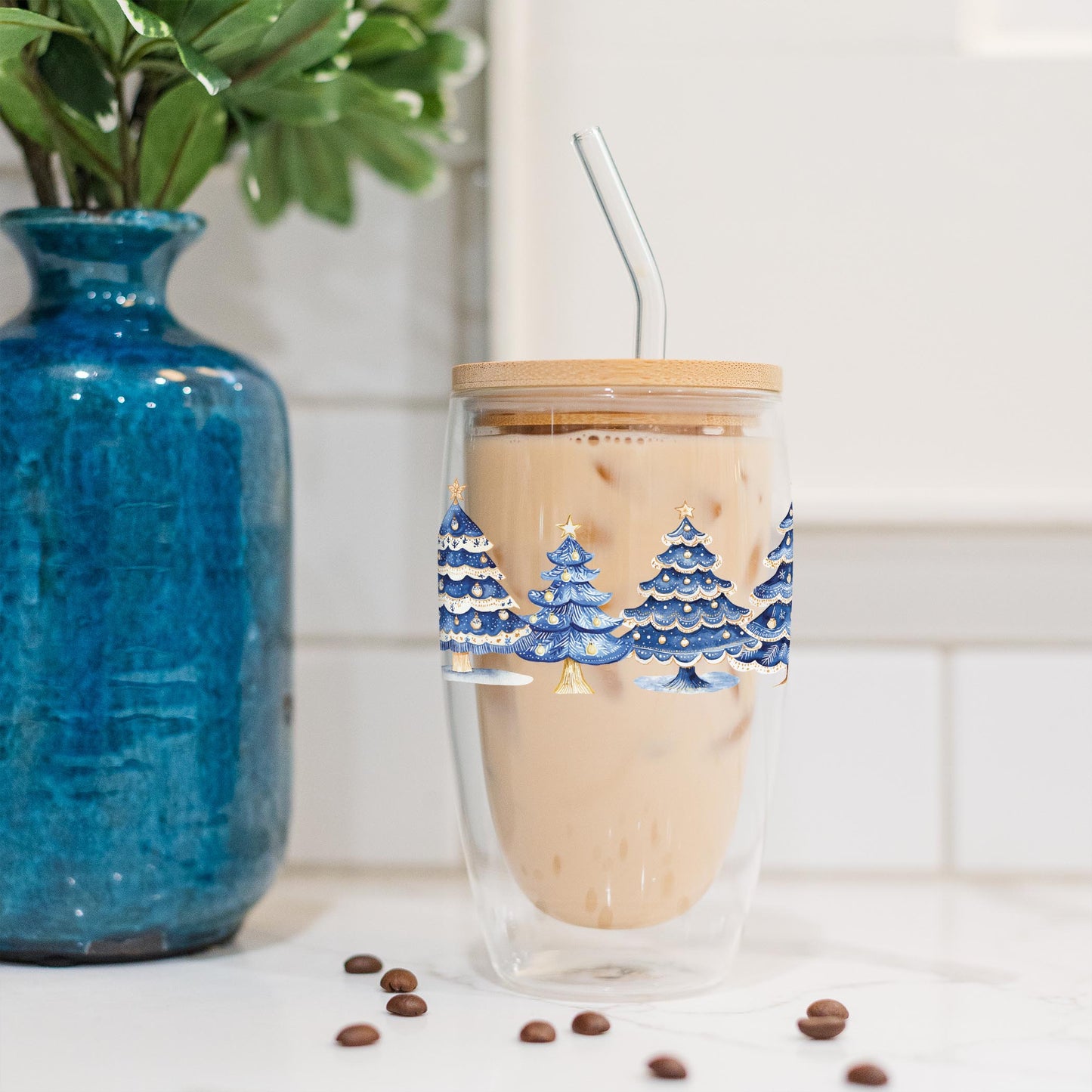 16oz Double Insulated Glass Tumbler-Blue Noel - A Grand Millennial Christmas -4