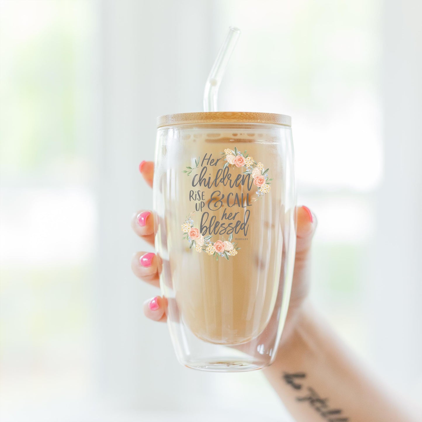 16oz Double Insulated Glass Tumbler-Her Children Call Her Blessed -3
