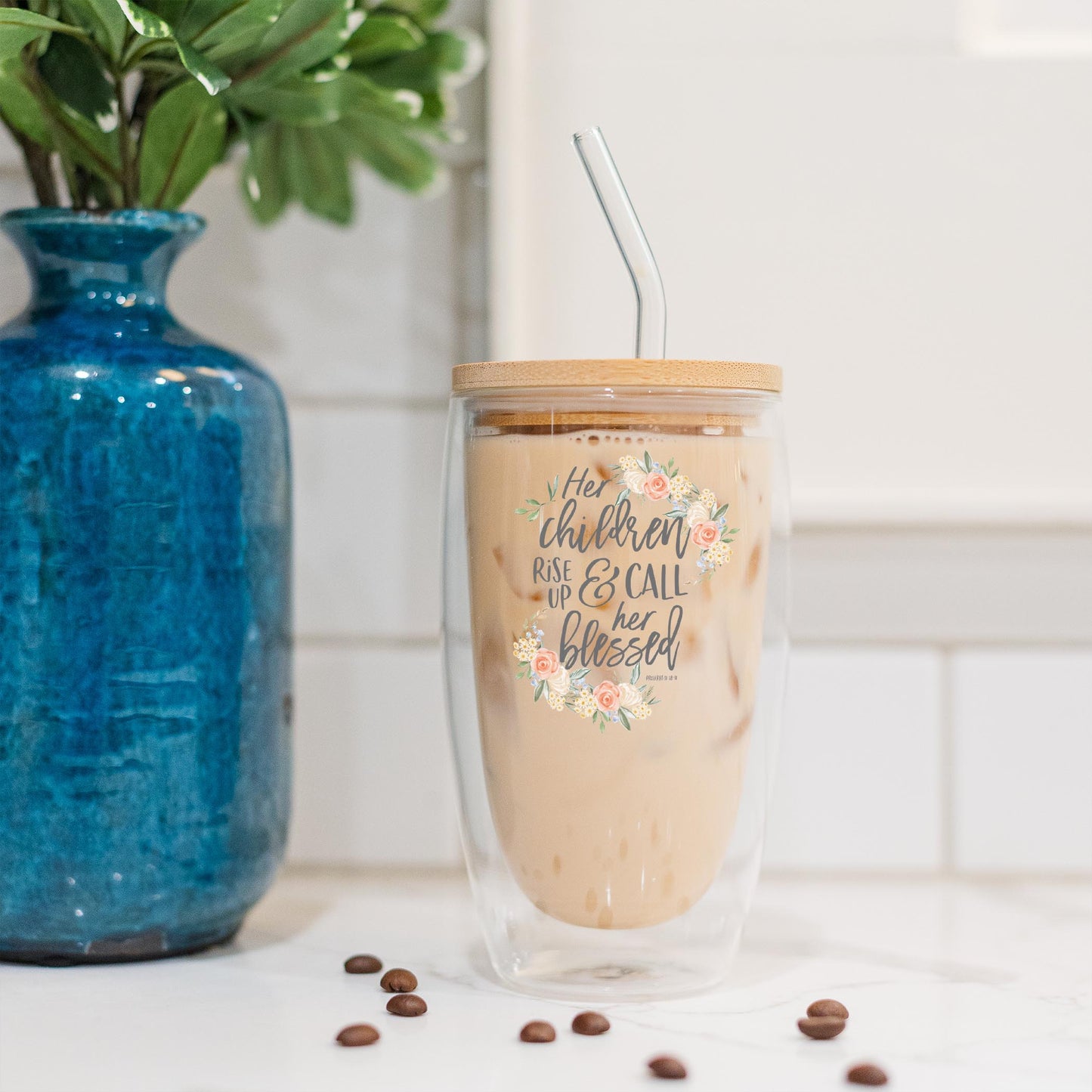 16oz Double Insulated Glass Tumbler-Her Children Call Her Blessed -4