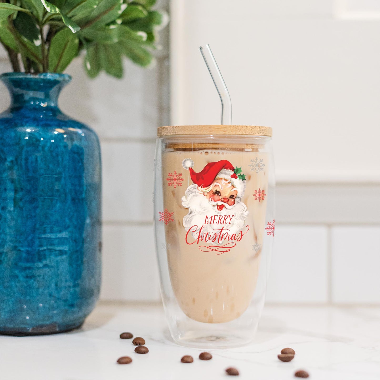 16oz Double Insulated Glass Tumbler-Classic Santa