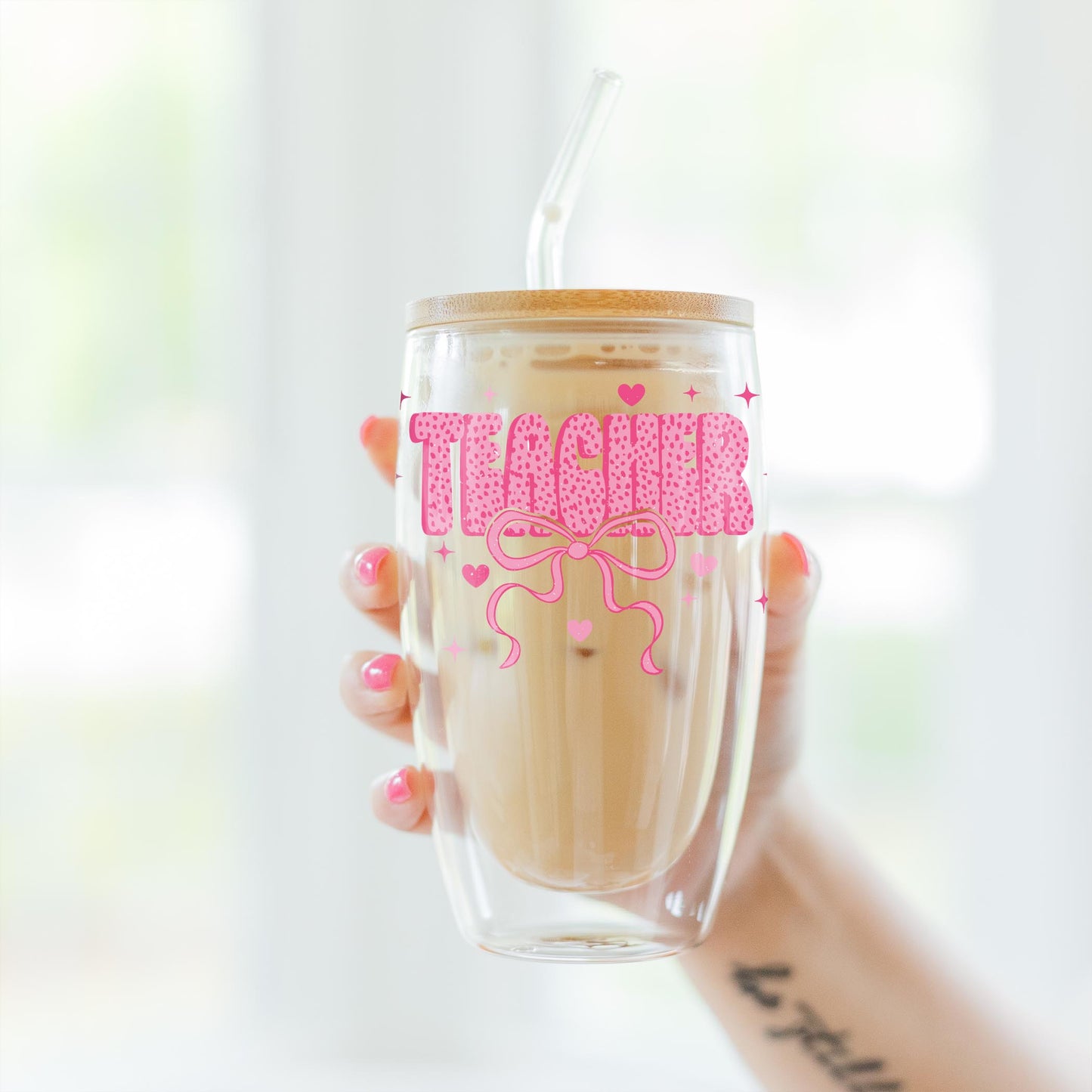 16oz Double Insulated Glass Tumbler-Classroom Coquette Teacher Hearts & Bow -3