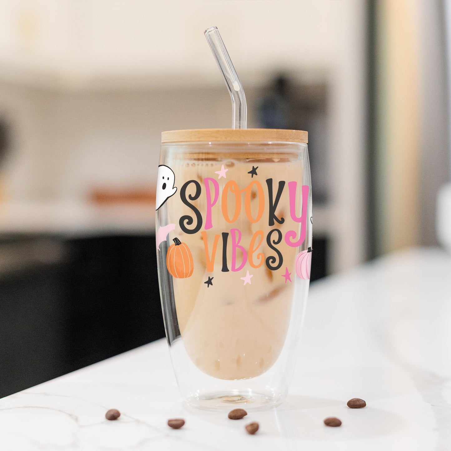 16oz Double Insulated Glass Tumbler-Happy Ghost Spooky Vibes -1