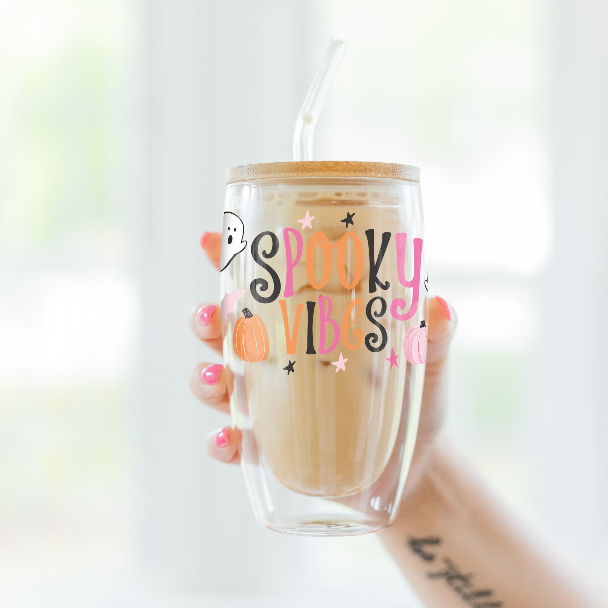 16oz Double Insulated Glass Tumbler-Happy Ghost Spooky Vibes -3