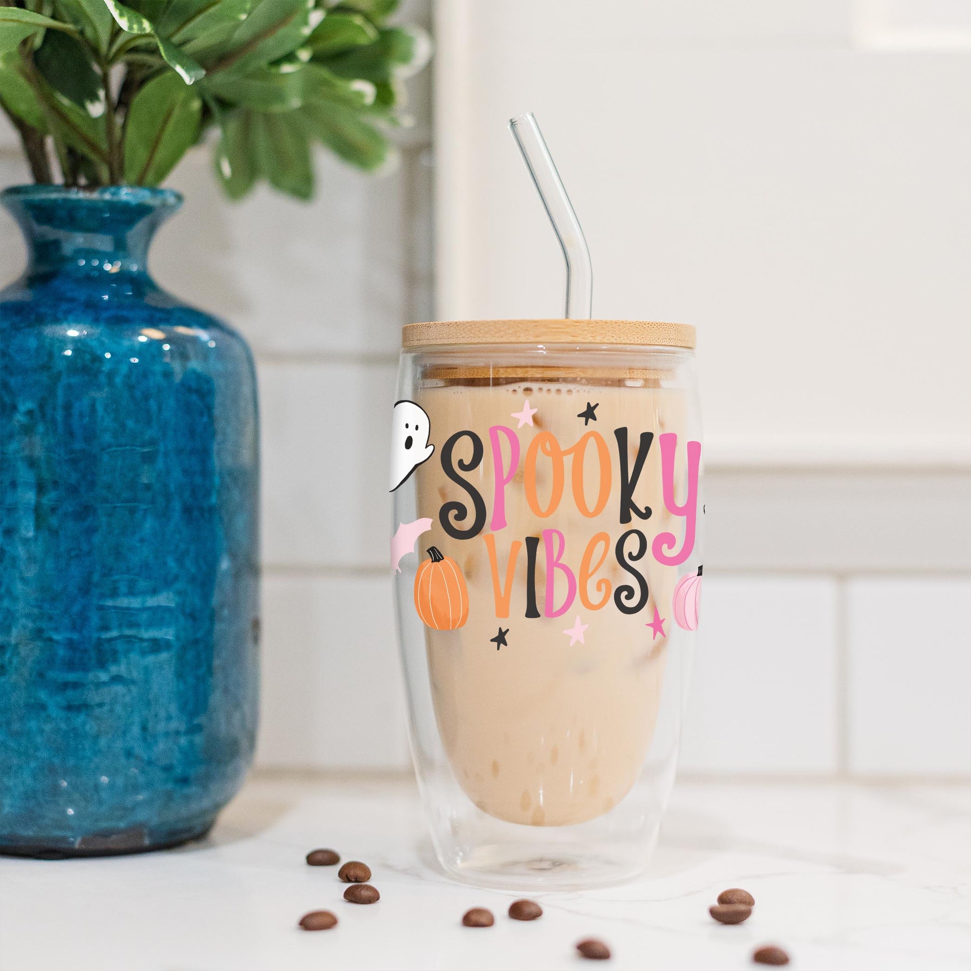 16oz Double Insulated Glass Tumbler-Happy Ghost Spooky Vibes -4