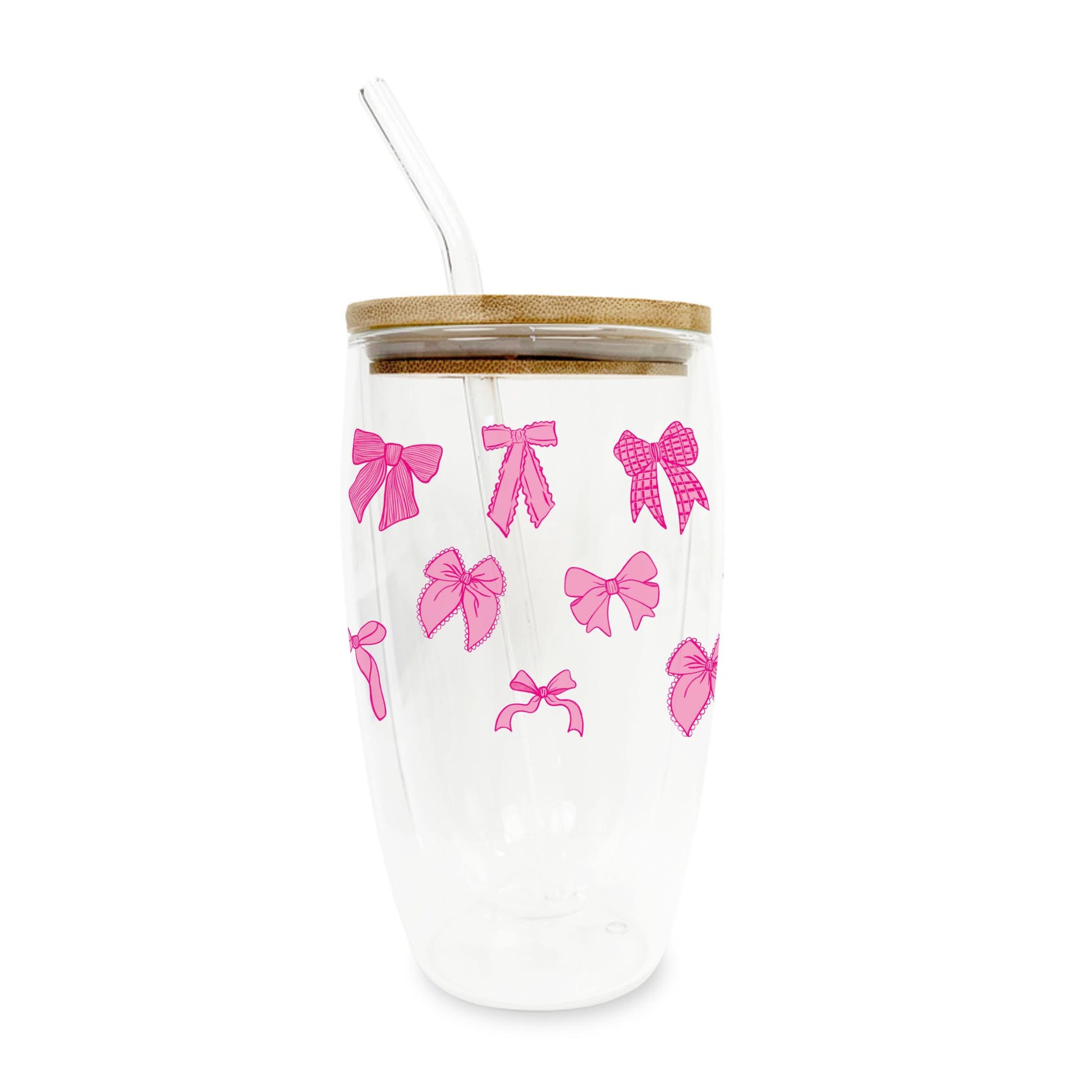 16oz Double Insulated Glass Tumbler-Preppy Bow Pattern Pink -0