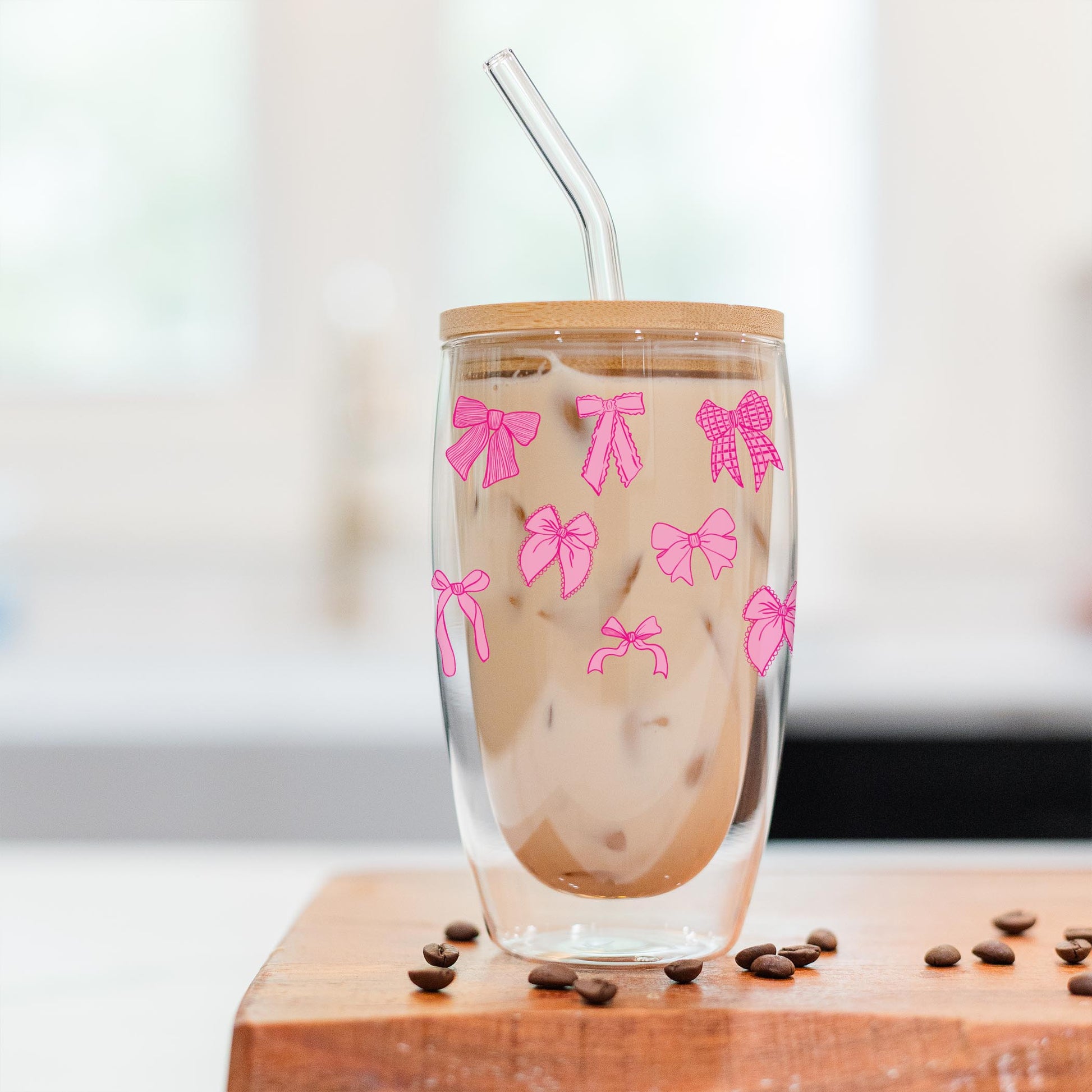16oz Double Insulated Glass Tumbler-Preppy Bow Pattern Pink -2