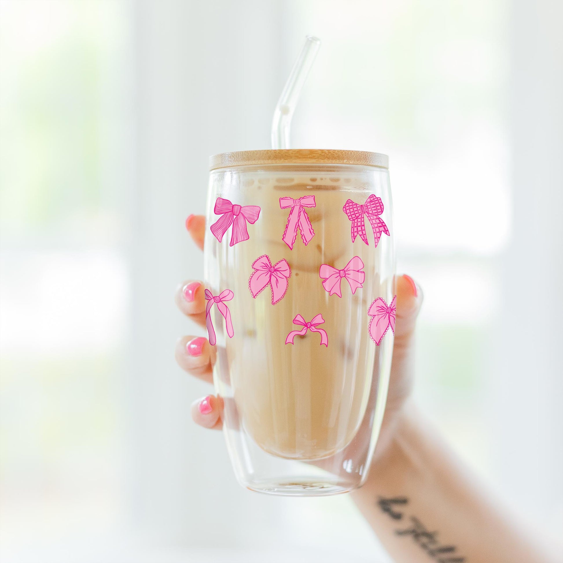 16oz Double Insulated Glass Tumbler-Preppy Bow Pattern Pink -3