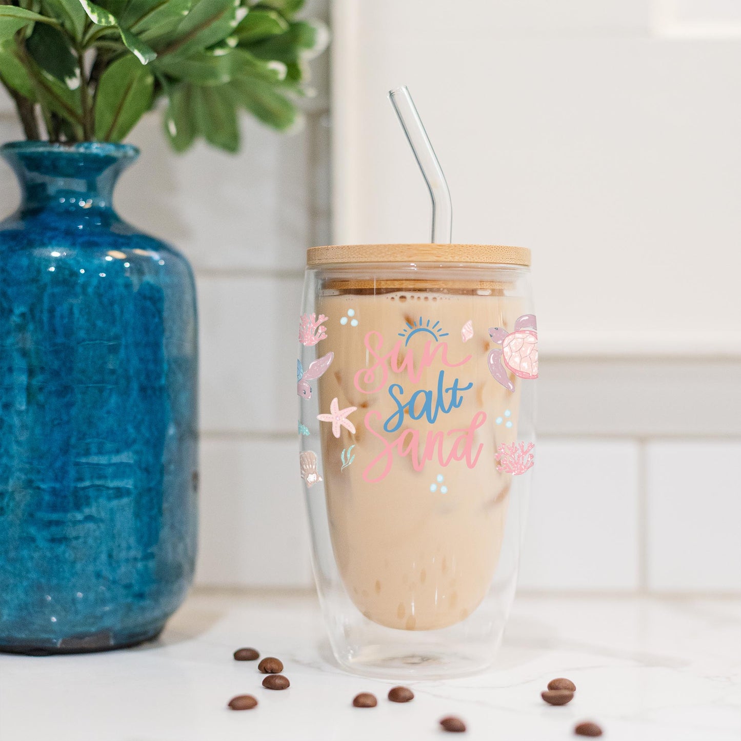 16oz Double Insulated Glass Tumbler-Coastal Sea Turtles Sun Salt Sand