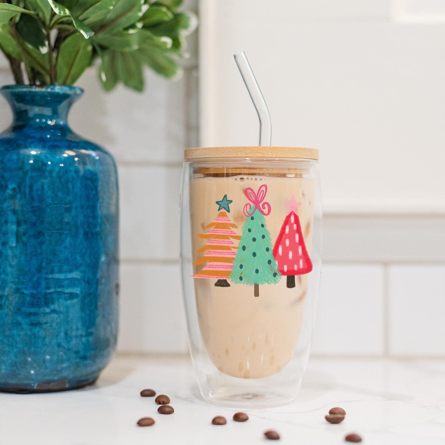 16oz Double Insulated Glass Tumbler-Trees & Snowflakes