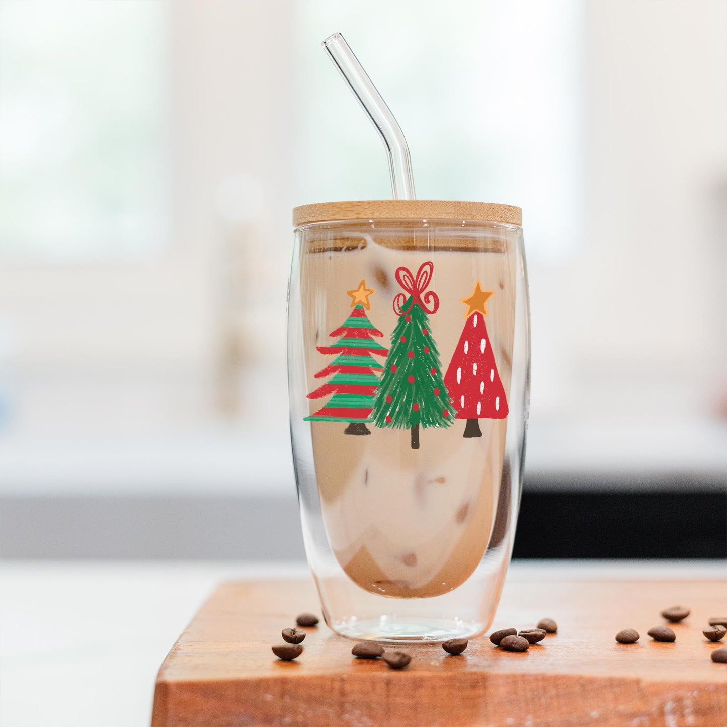 16oz Double Insulated Glass Tumbler-Whimsy Wonderland Traditional Trees