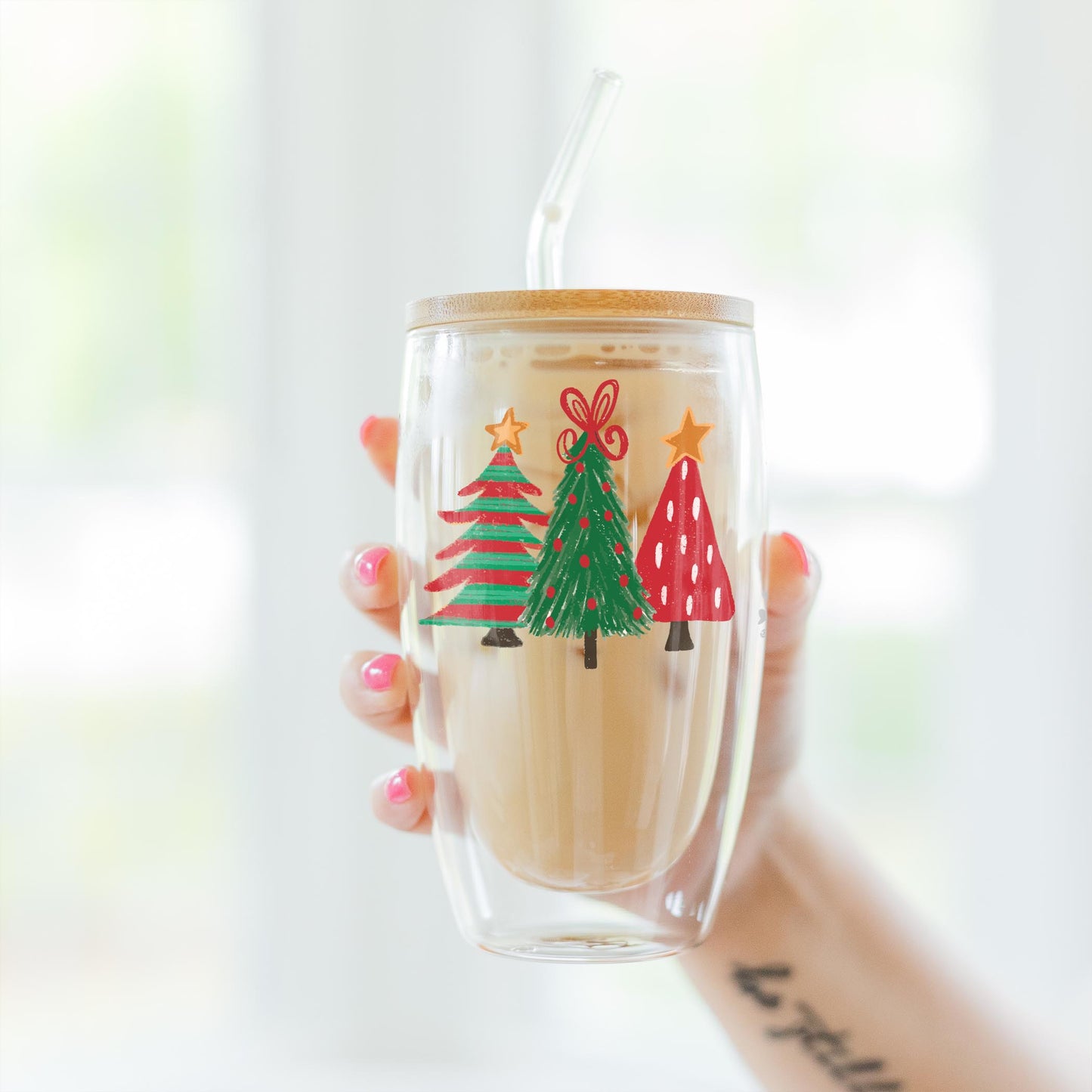 16oz Double Insulated Glass Tumbler-Whimsy Wonderland Traditional Trees