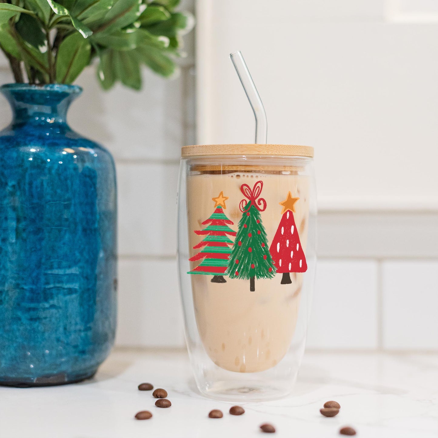 16oz Double Insulated Glass Tumbler-Whimsy Wonderland Traditional Trees