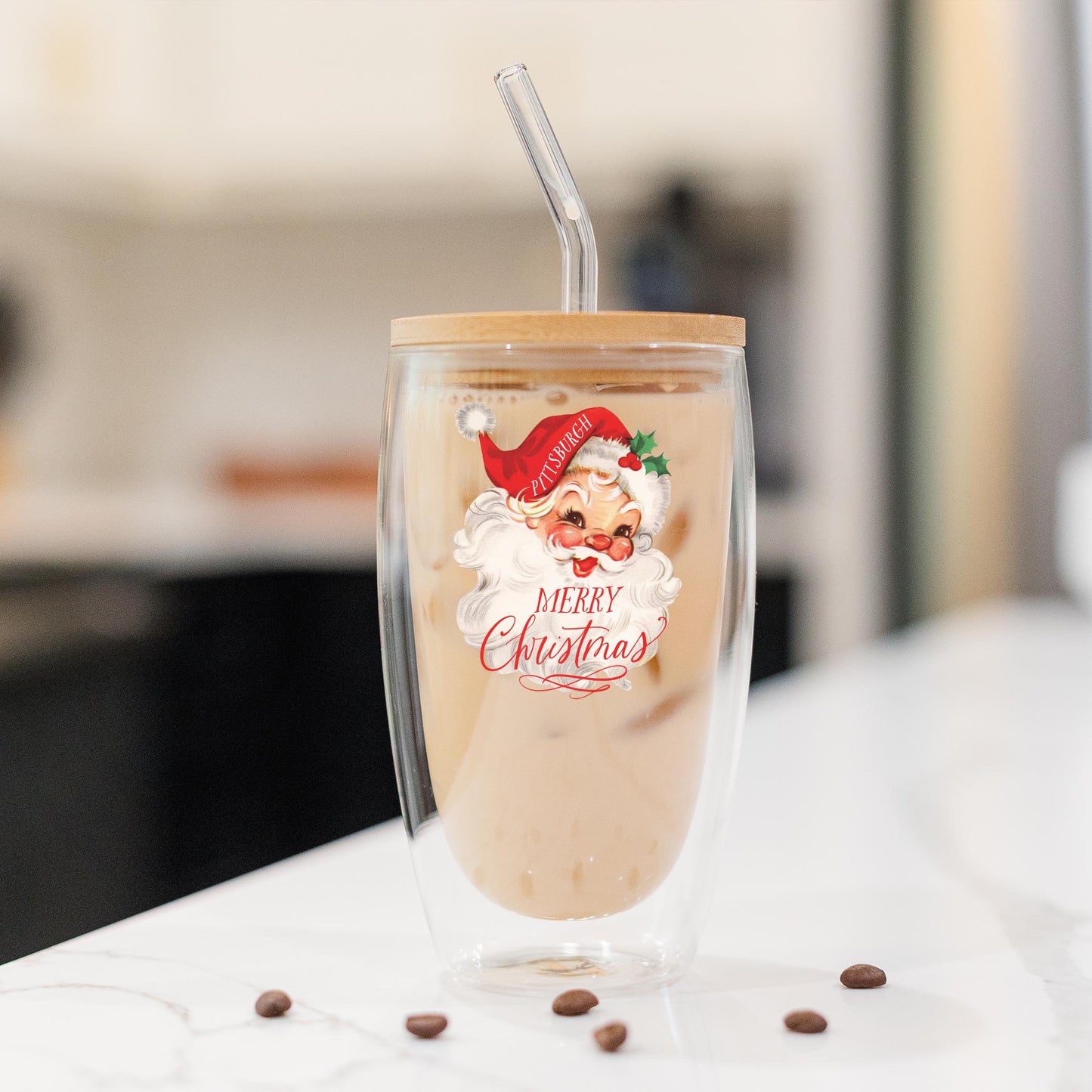 16oz Double Insulated Glass Tumbler-Classic Santa Merry Christmas -1