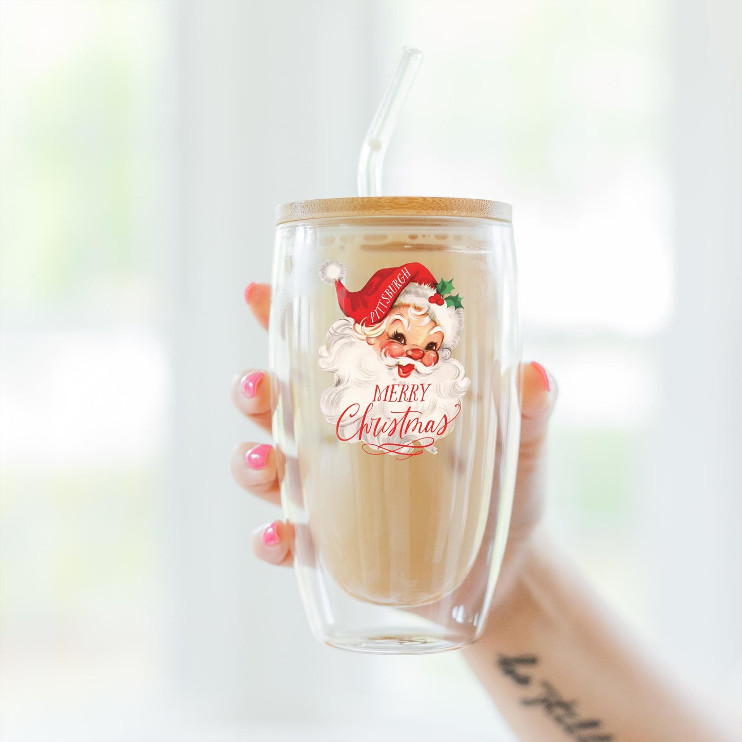 16oz Double Insulated Glass Tumbler-Classic Santa Merry Christmas -3