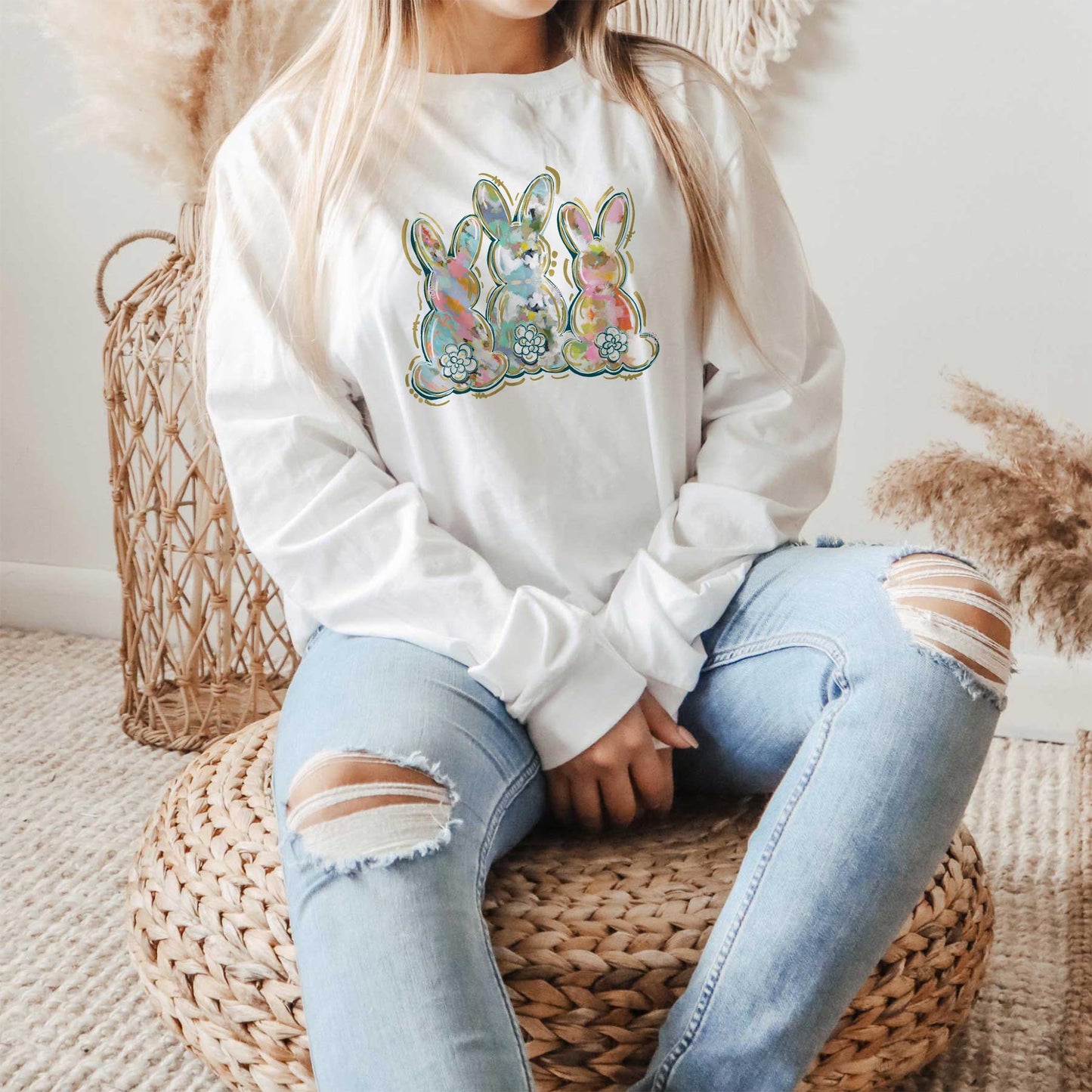 Long Sleeve T-Shirt White-Painted Bunny Trio