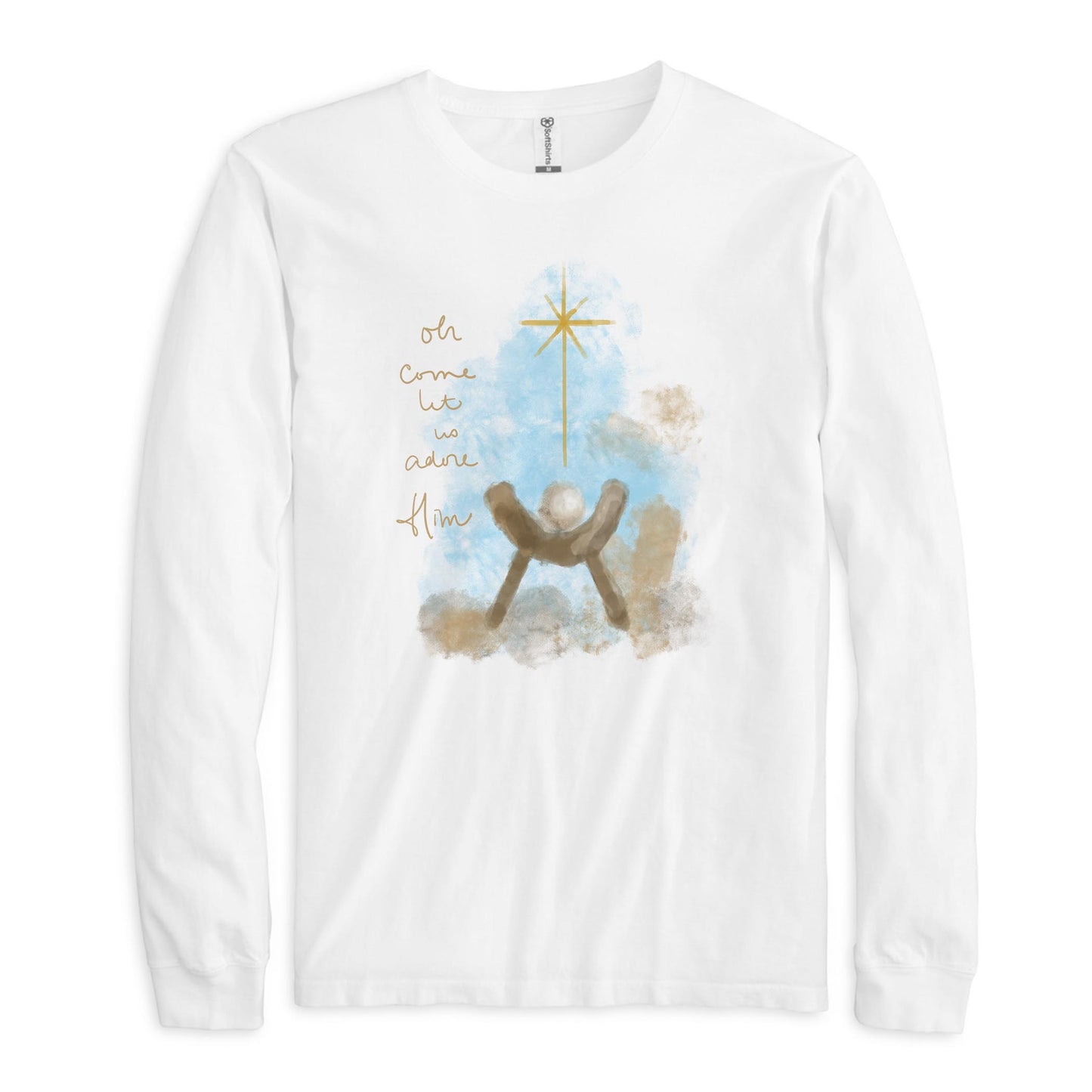 Long Sleeve T-Shirt White-Let Us Adore Him Watercolor Manger