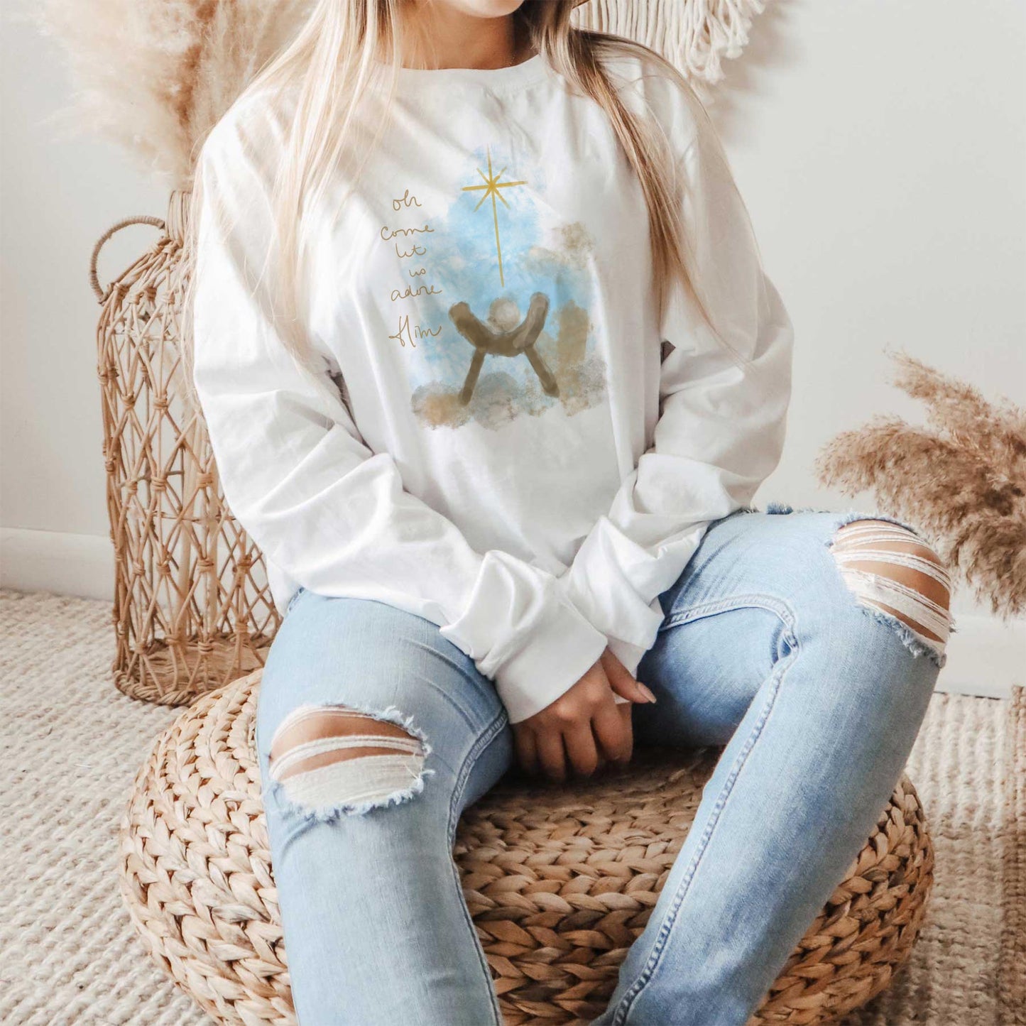 Long Sleeve T-Shirt White-Let Us Adore Him Watercolor Manger