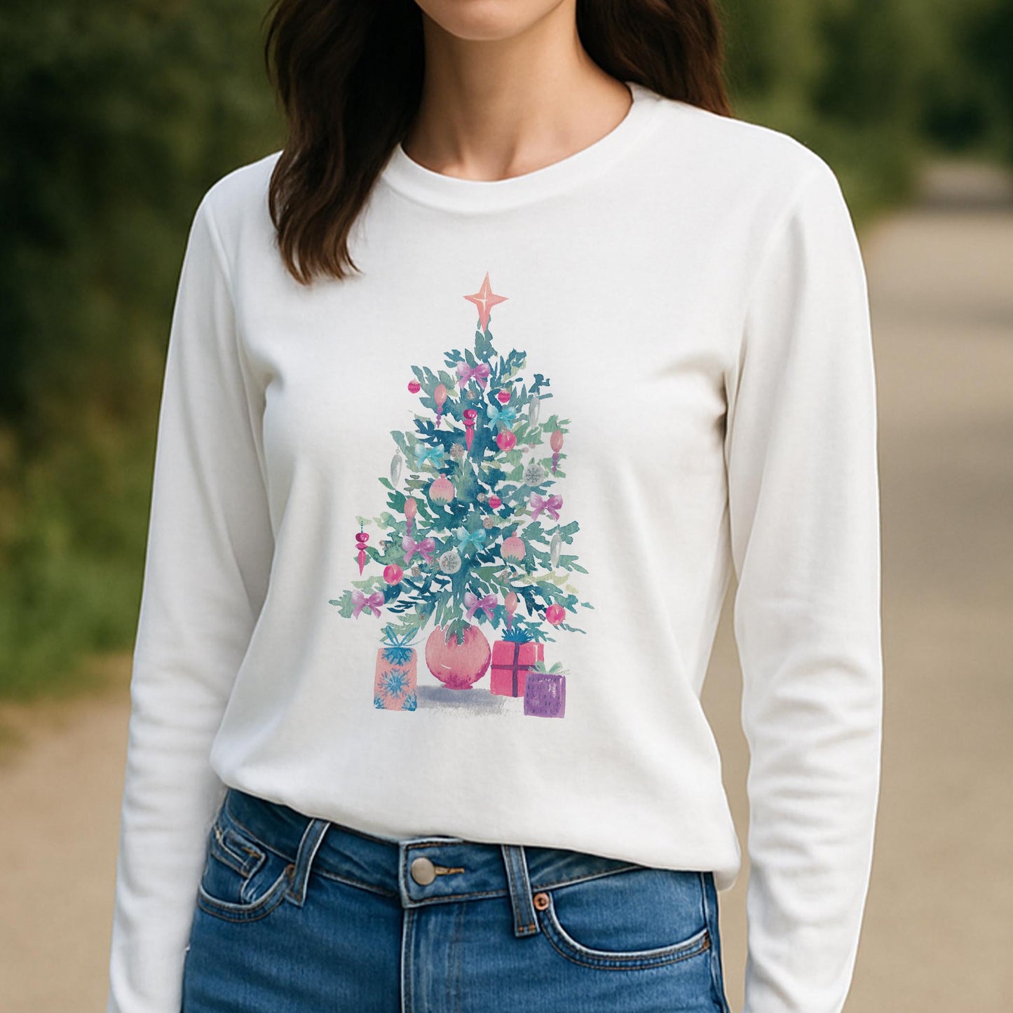 Long Sleeve T-Shirt White-Watercolor Sugar Plum Christmas Tree -3