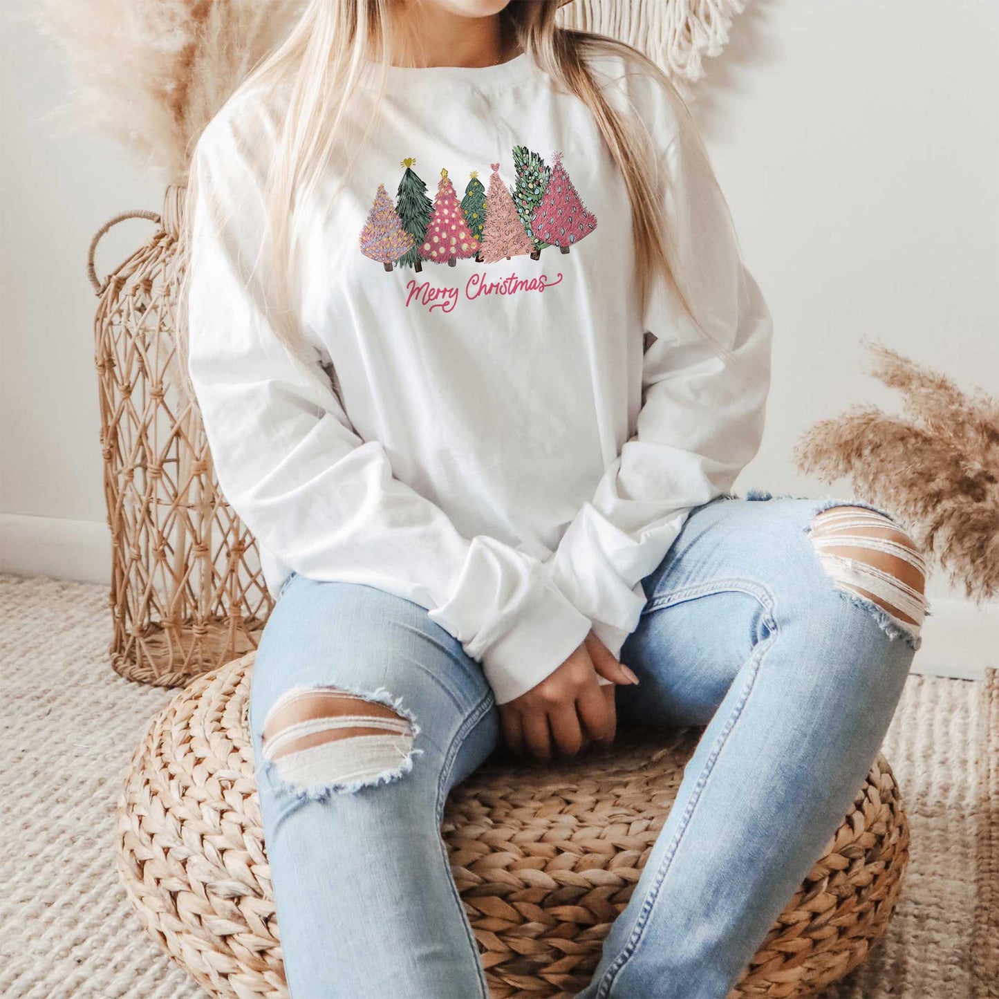 2XL Long Sleeve T-Shirt White-Pink Trees Merry Christmas
