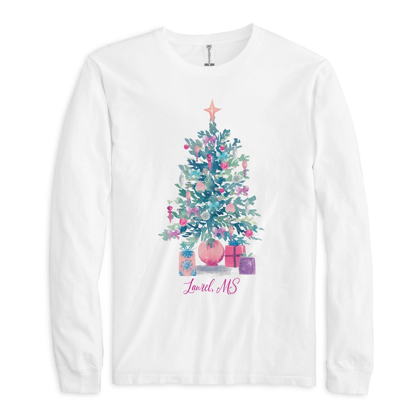 Long Sleeve T-Shirt White-Watercolor Sugar Plum Christmas Tree -0