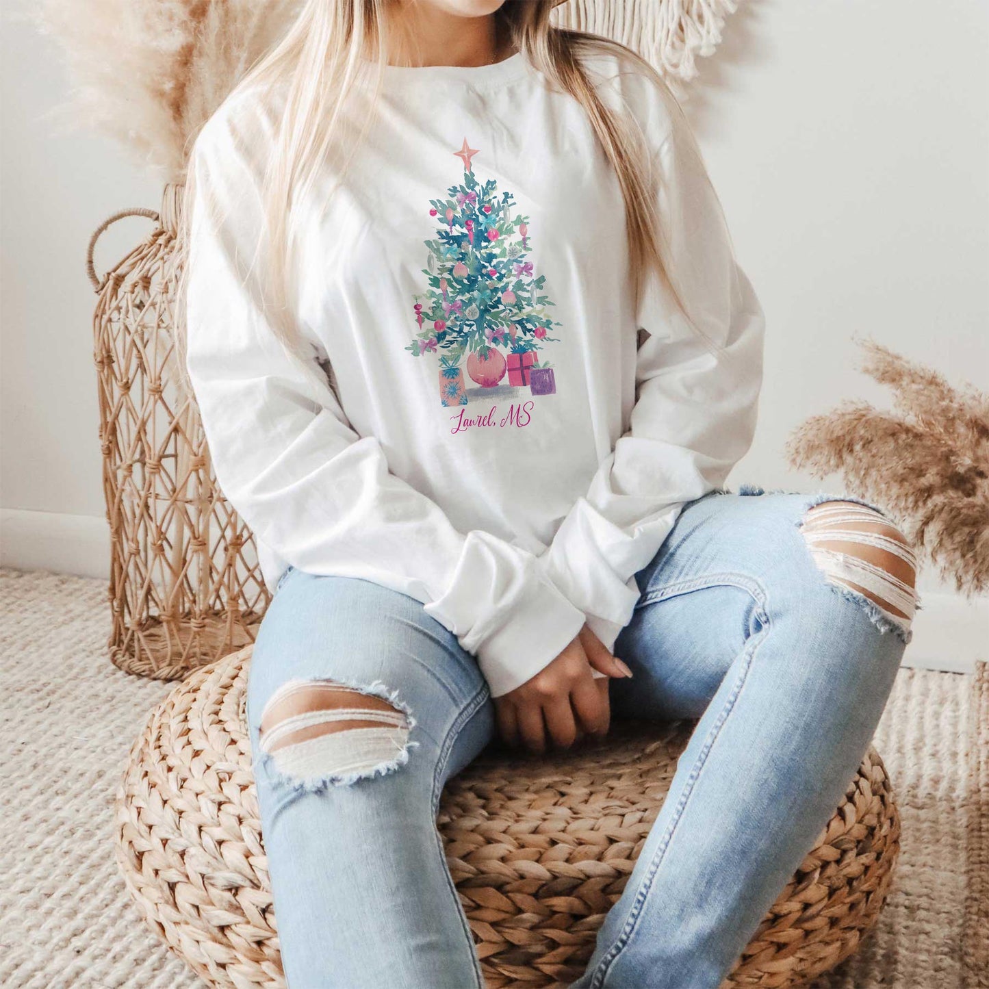 Long Sleeve T-Shirt White-Watercolor Sugar Plum Christmas Tree -1