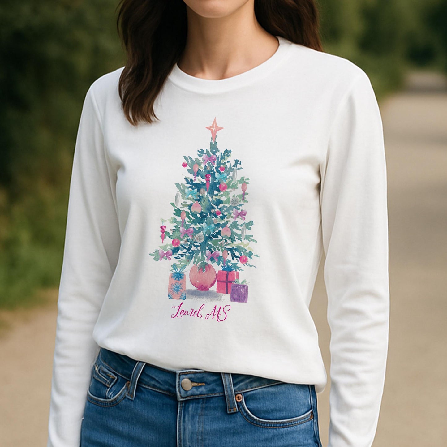 Long Sleeve T-Shirt White-Watercolor Sugar Plum Christmas Tree -3