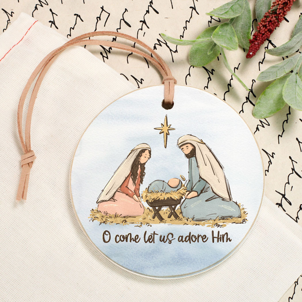 4in Wooden Ornament - Kneeling Nativity Let Us Adore Him