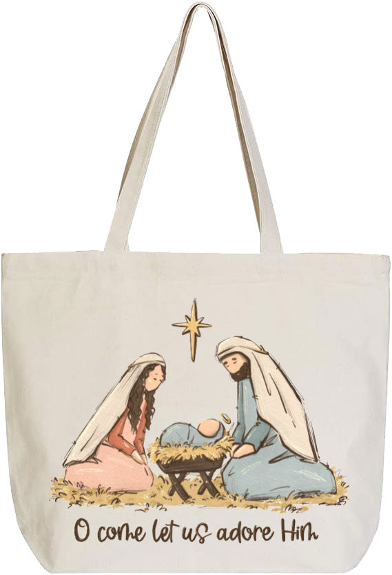 Canvas Tote Bag - Kneeling Nativity Let Us Adore Him
