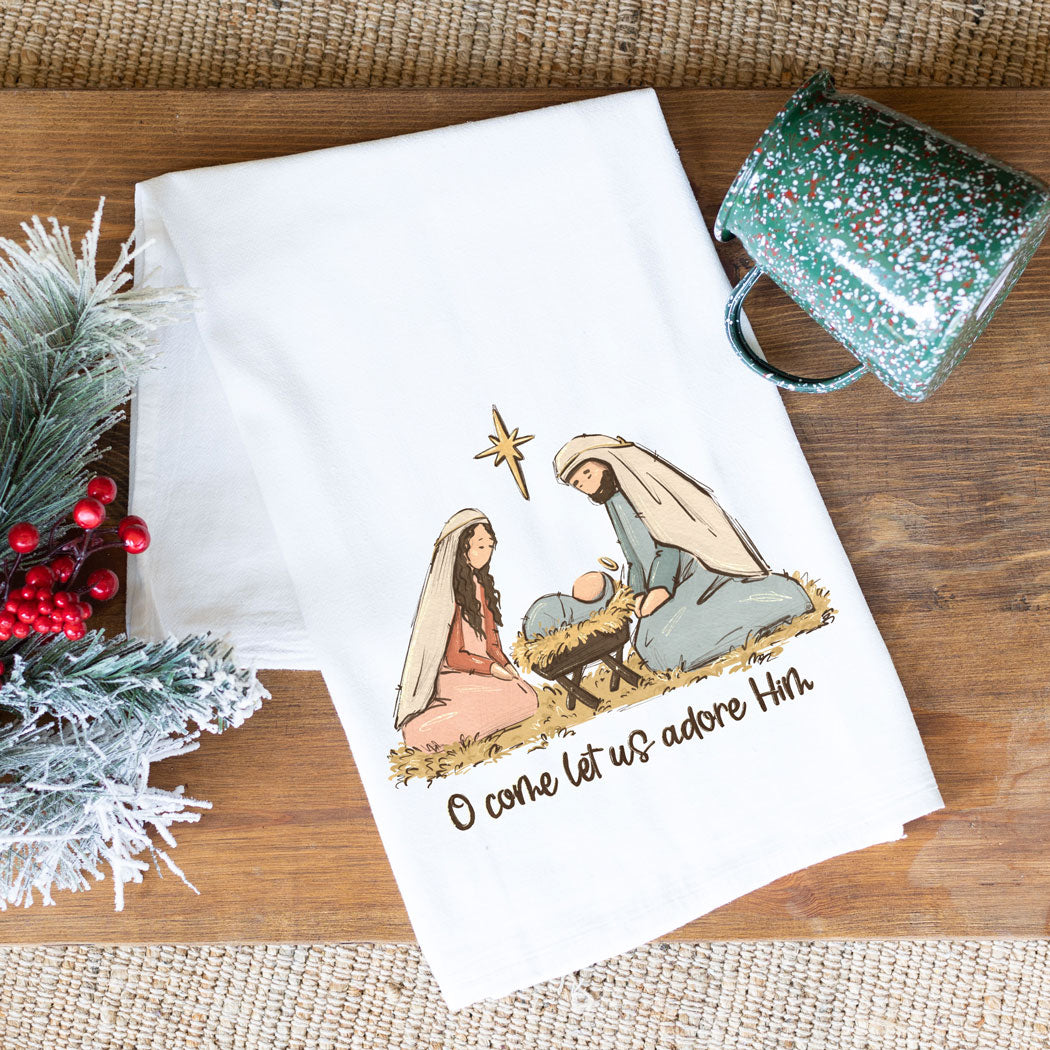 Cotton Tea Towel - Kneeling Nativity Let Us Adore Him