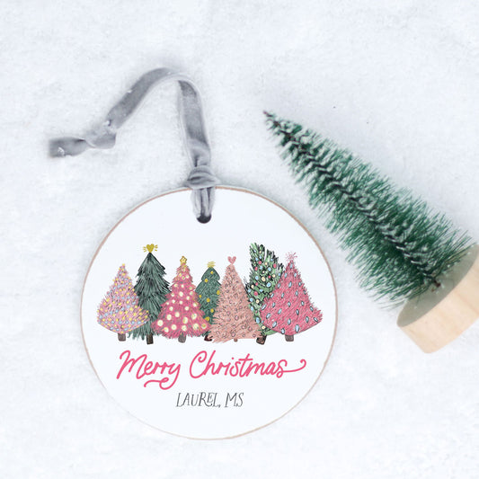 Love+Local 4in Round Ornament | Pink Christmas Trees