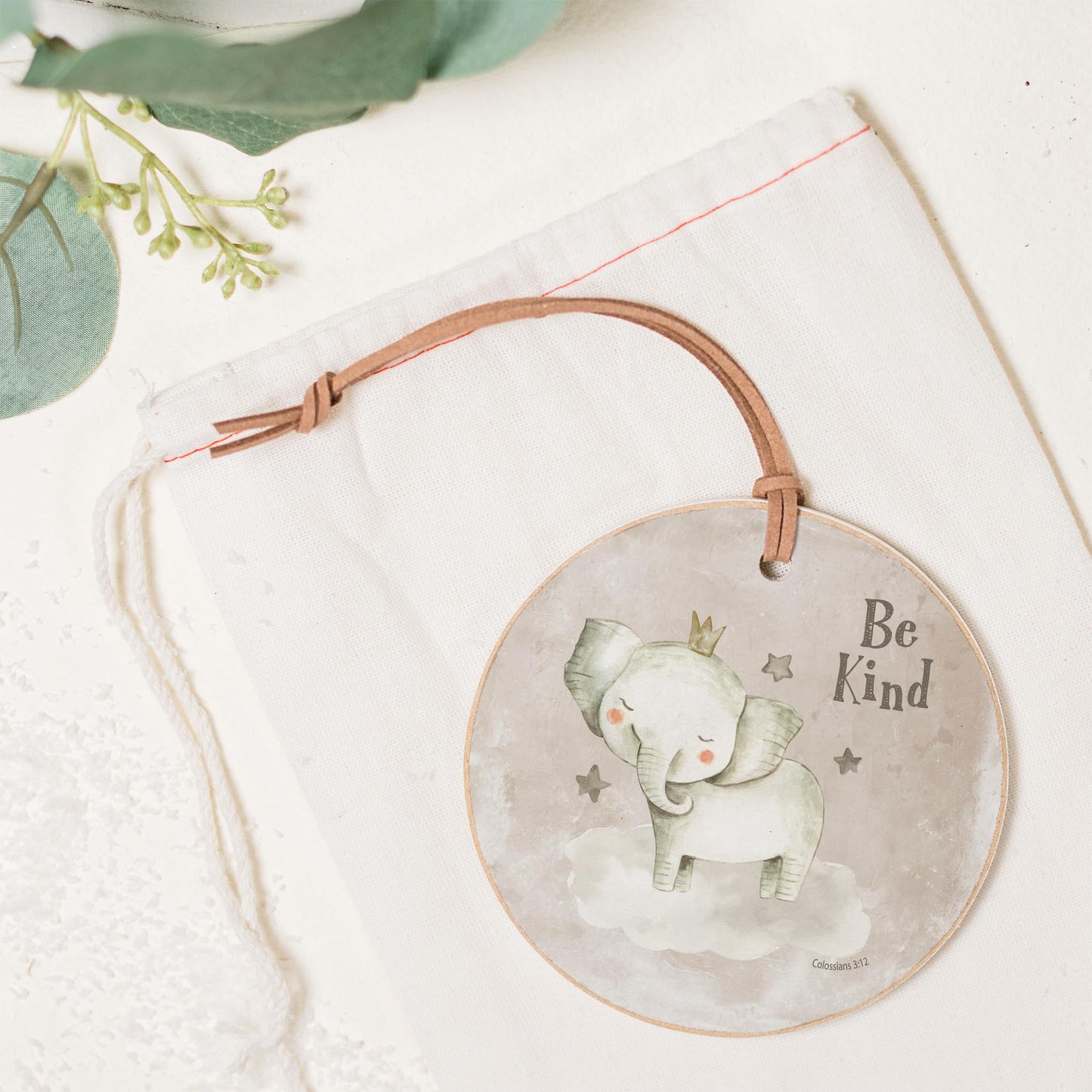 4" Round Ornament-Be Kind Elephant Painted Background