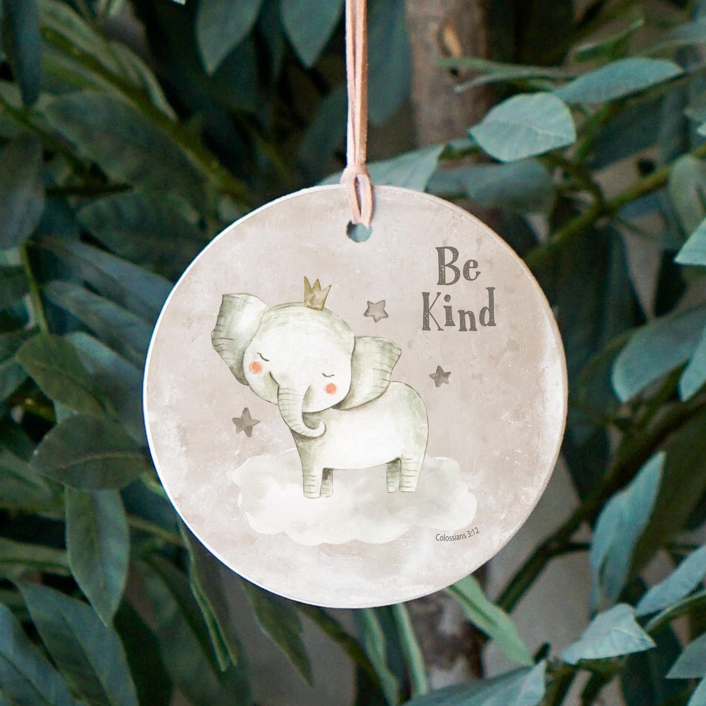 4" Round Ornament-Be Kind Elephant Painted Background