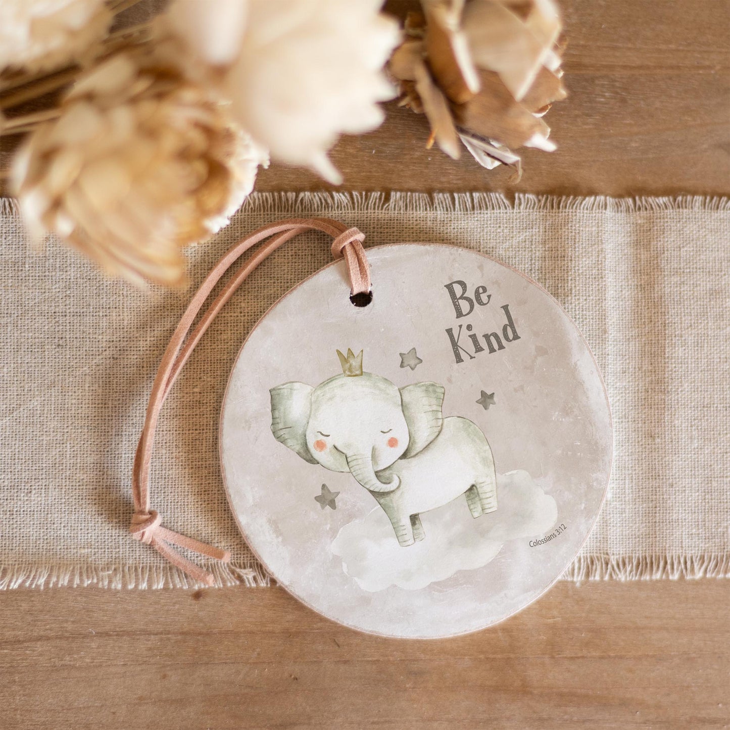 4" Round Ornament-Be Kind Elephant Painted Background