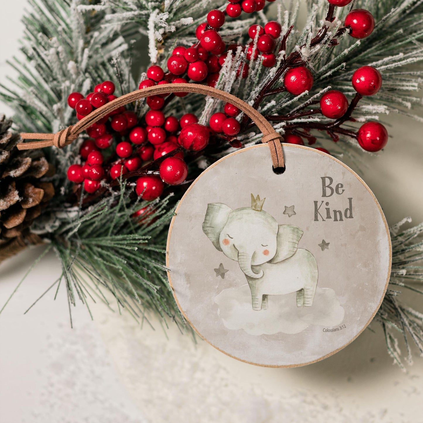 4" Round Ornament-Be Kind Elephant Painted Background