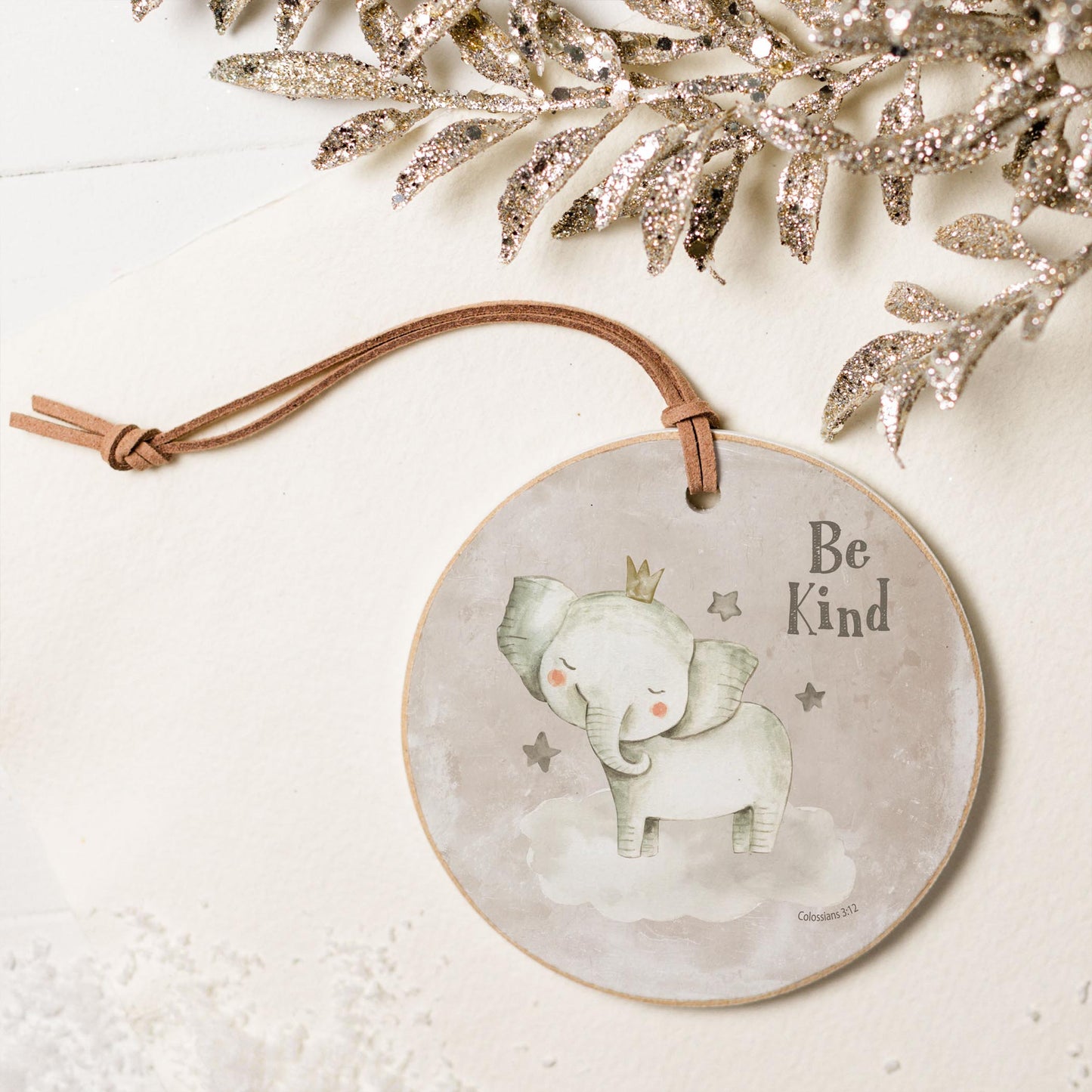 4" Round Ornament-Be Kind Elephant Painted Background