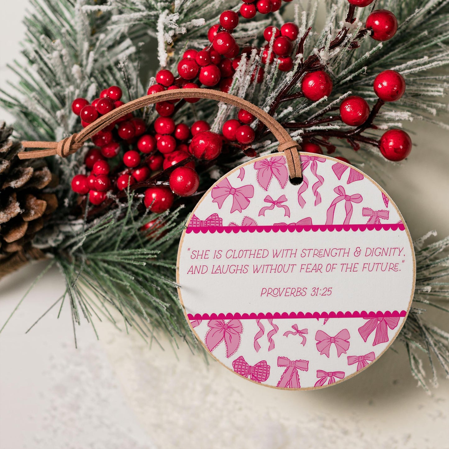 4" Round Ornament-Pink Bows She Is Clothed