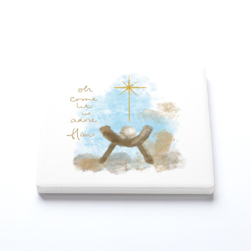 Ceramic Square Coaster-Let Us Adore Him Watercolor Manger