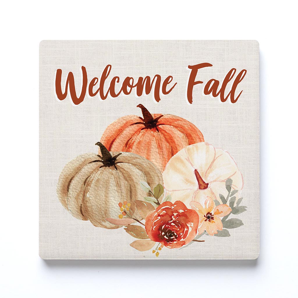 Ceramic Square Coaster-Welcome Fall Floral Pumpkin