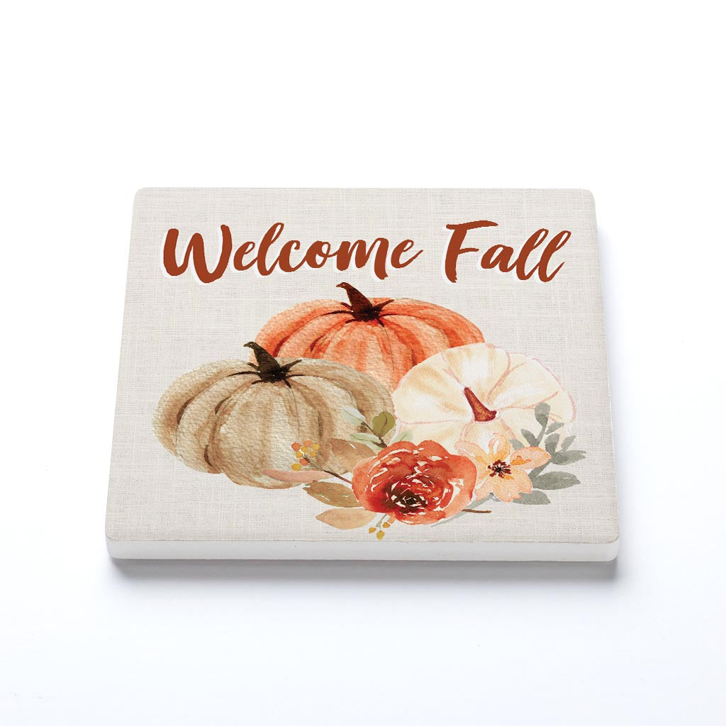 Ceramic Square Coaster-Welcome Fall Floral Pumpkin