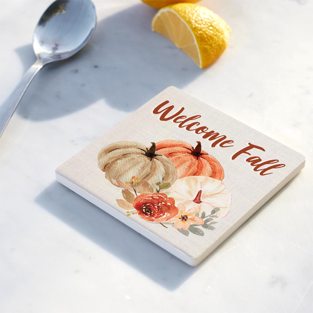 Ceramic Square Coaster-Welcome Fall Floral Pumpkin