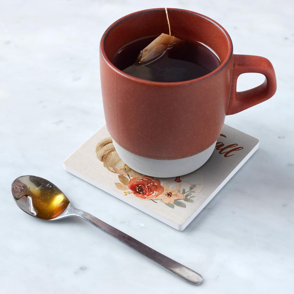 Ceramic Square Coaster-Welcome Fall Floral Pumpkin