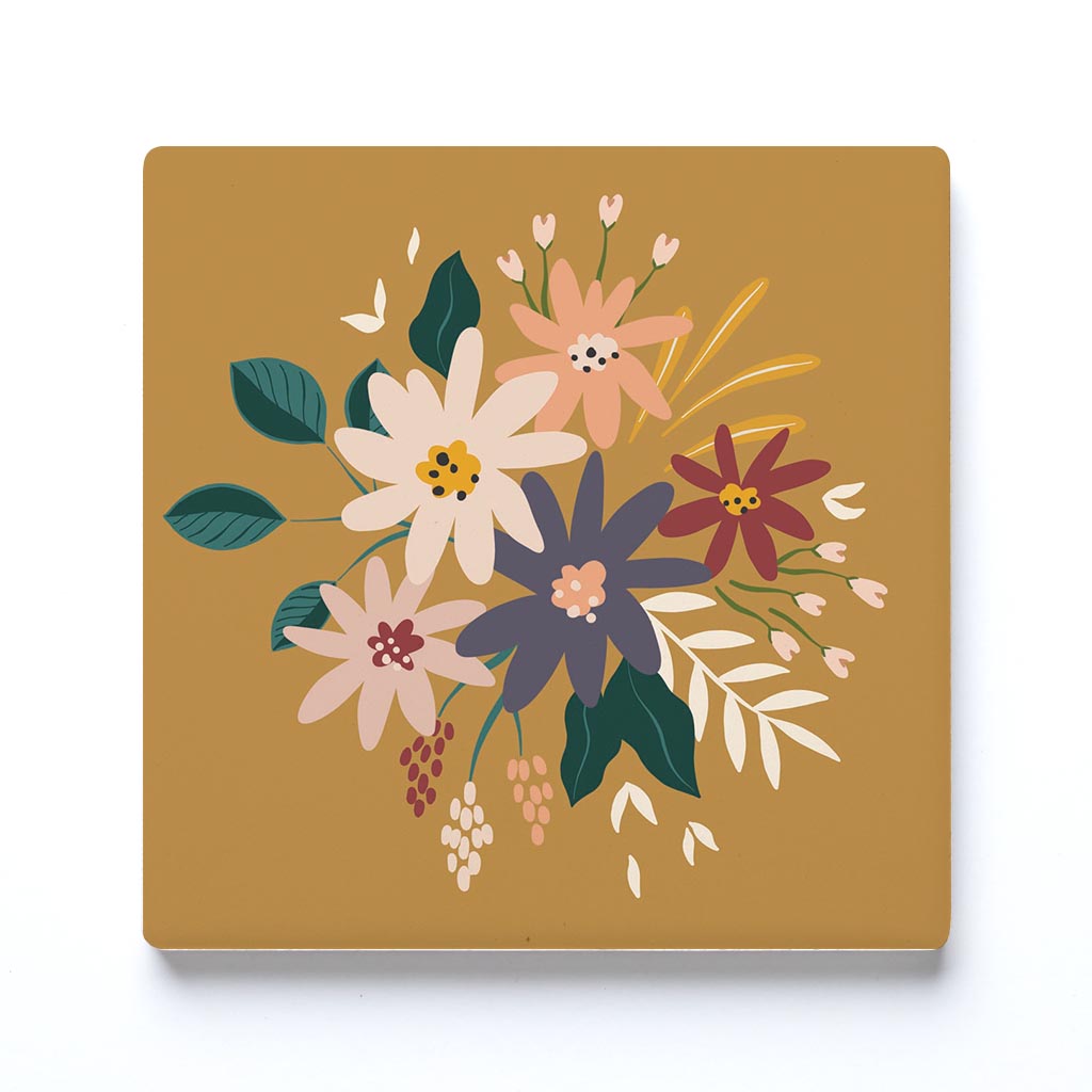 Ceramic Square Coaster-Vintage Florals Yellow -0