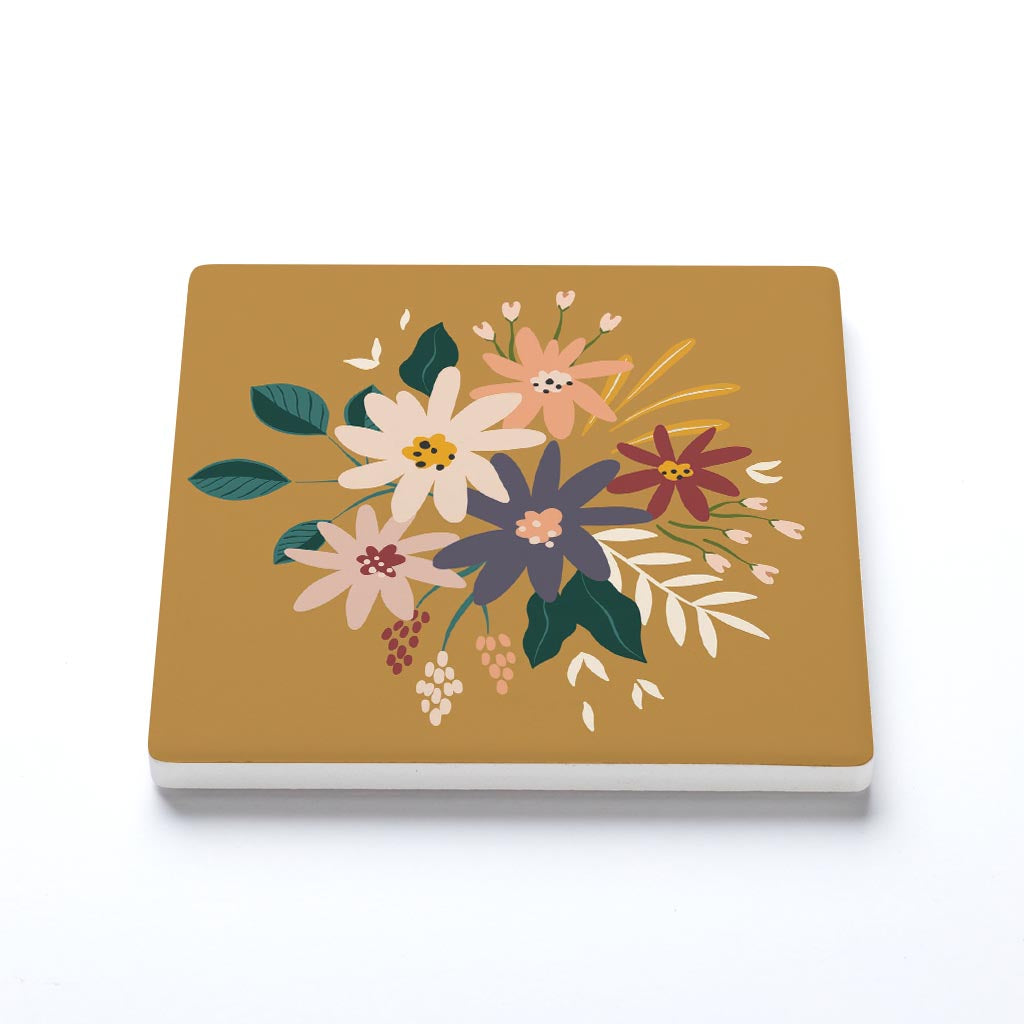 Ceramic Square Coaster-Vintage Florals Yellow -1