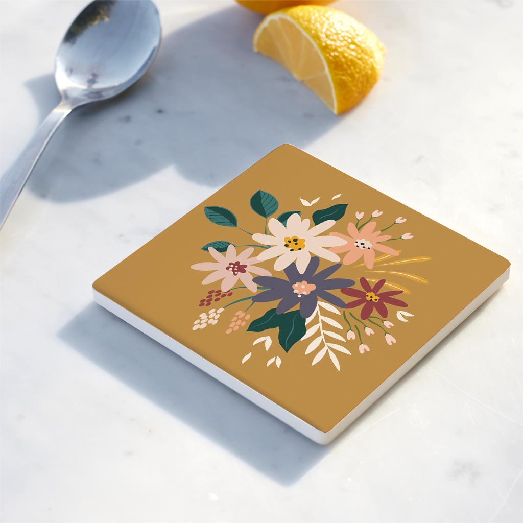 Ceramic Square Coaster-Vintage Florals Yellow -4