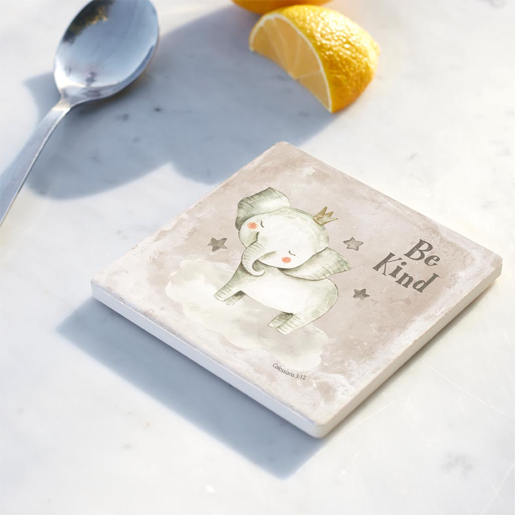Ceramic Square Coaster-Be Kind Elephant Painted Background