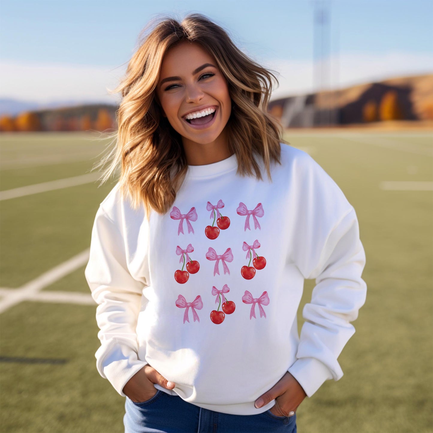 Gildan Sweatshirt White-Cherries & Bows