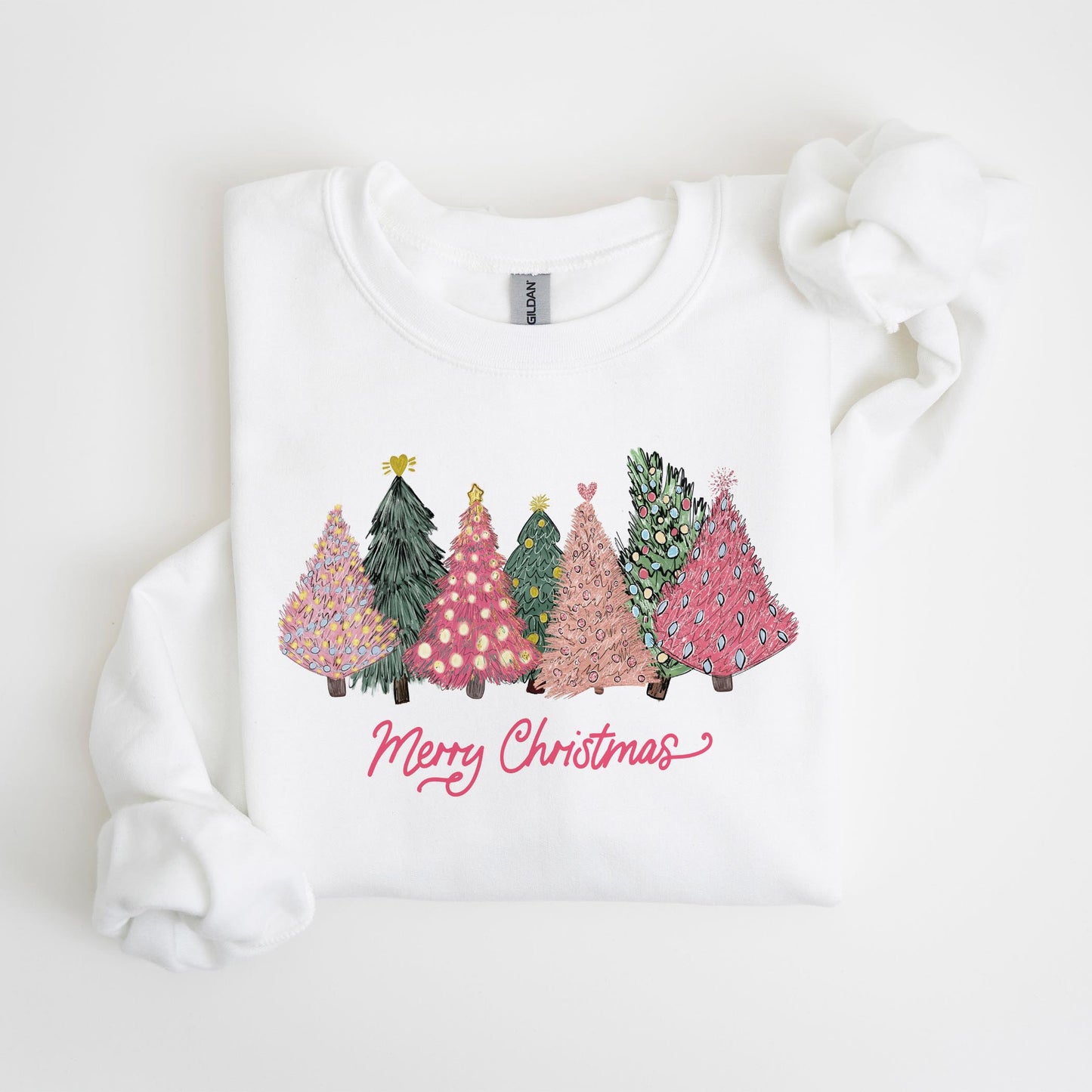2XL Gildan Sweatshirt White-Pink Trees Merry Christmas